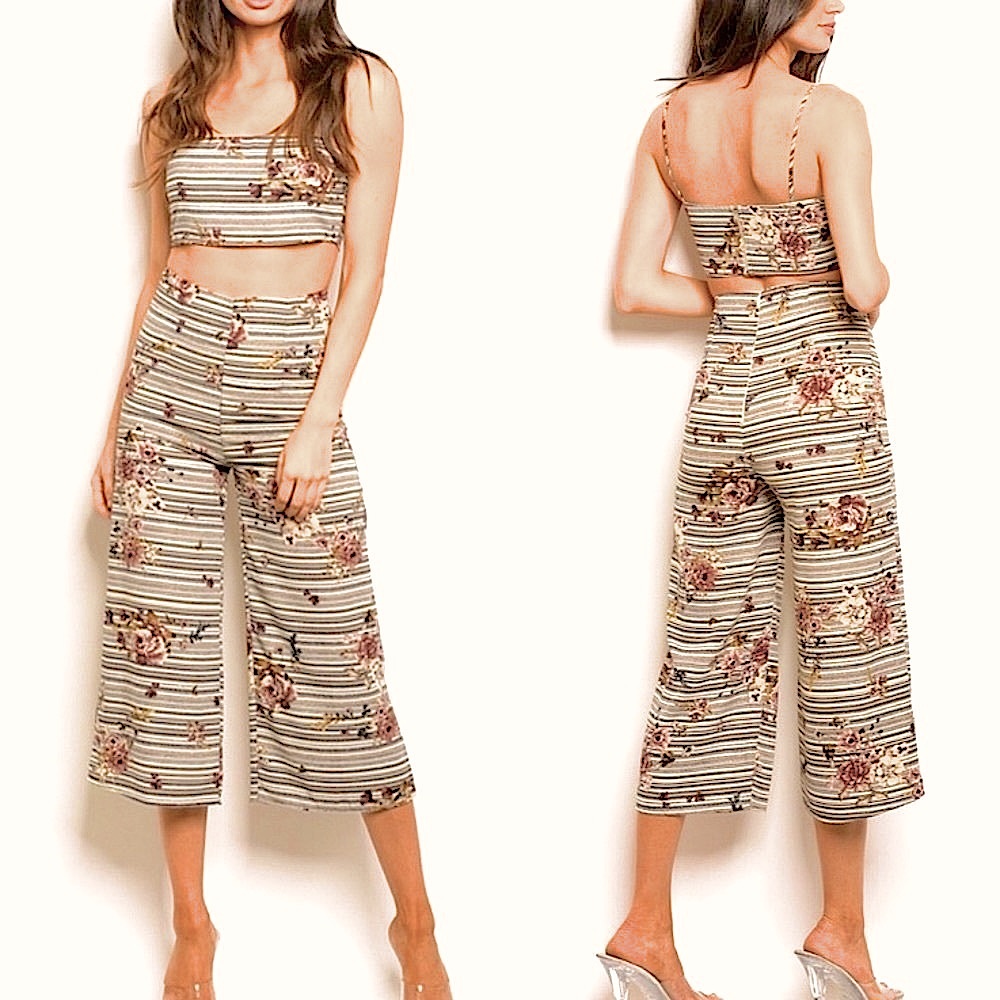 #1315 Two Piece Floral Bra Top Capri Outfit Set - Picture 1 of 17